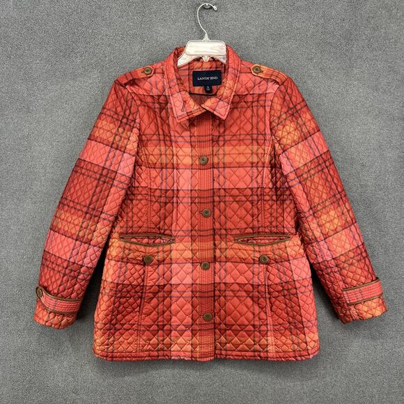Lands' End Jacket Womens XL 18 Red Orange Plaid Quilted Barn Coat Insulated - Picture 1 of 16